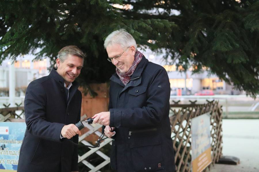 Landesrat Dr. Wolfgang Hattmannsdorfer und LPA-Obmann Dr. Peter Csar beleuchten den Christbaum